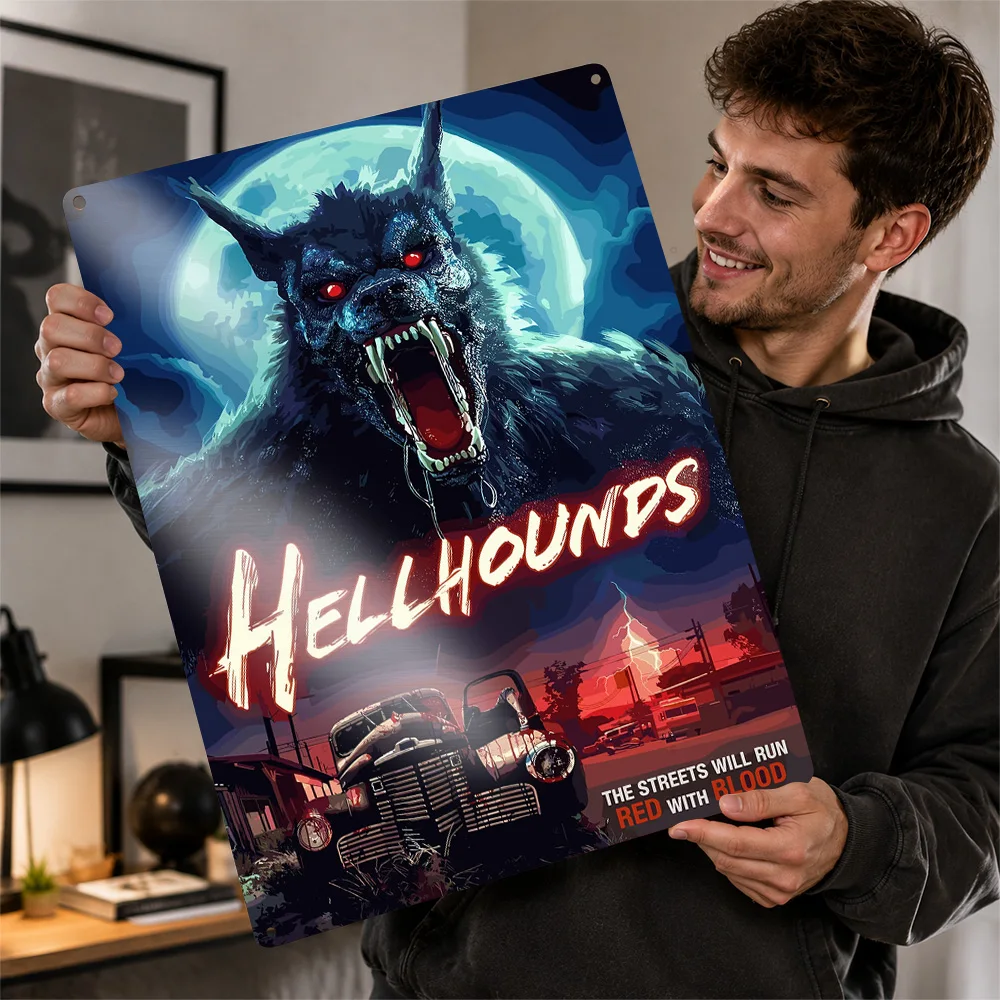Hellhounds Werewolf Aluminum Poster Customized Metal Sign Detailed Macabre Screen Scene Wall Art Ideal For Entertainment Rooms