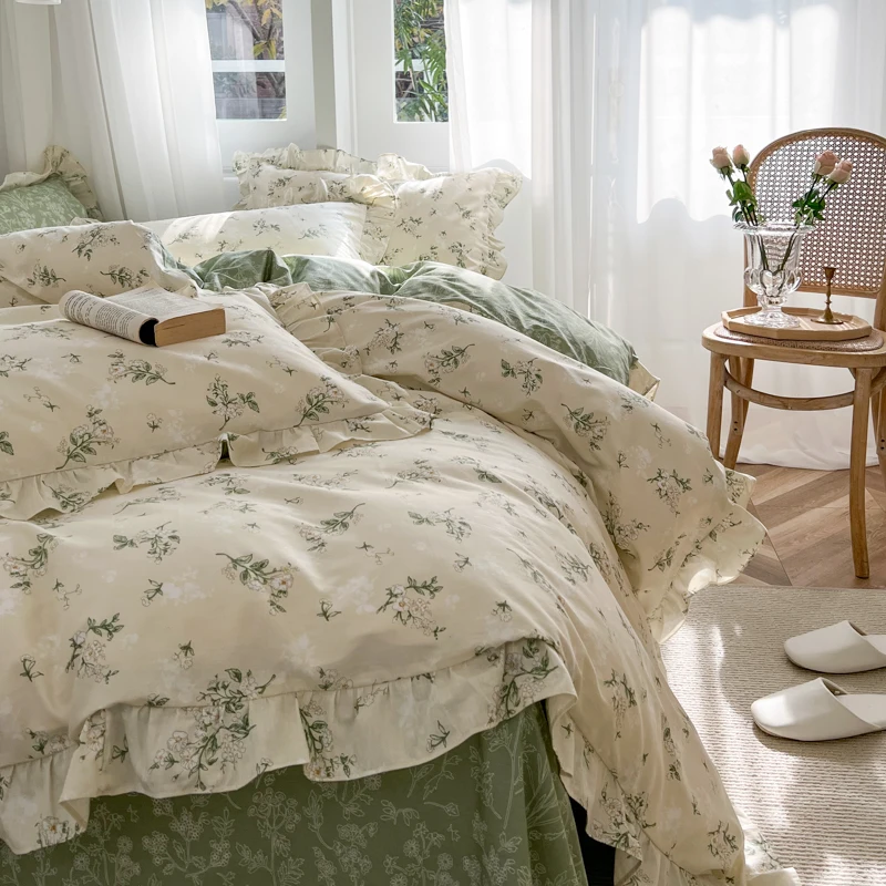 Small Floral Printed Lace Ruffle Bedding Set, Simple Fresh Flower Single Duvet Cover, Bed Linen Set, Pillowcases, 100% Cotton
