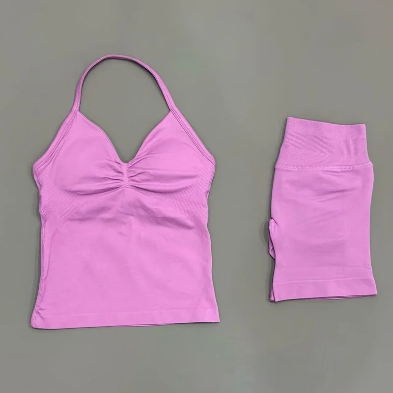 Yoga 2-delige gymset Dames Backless Halter Tops Hoge taille Naadloze shorts Gympak Fitness Sportbeha's Sportkleding Workout-sets
