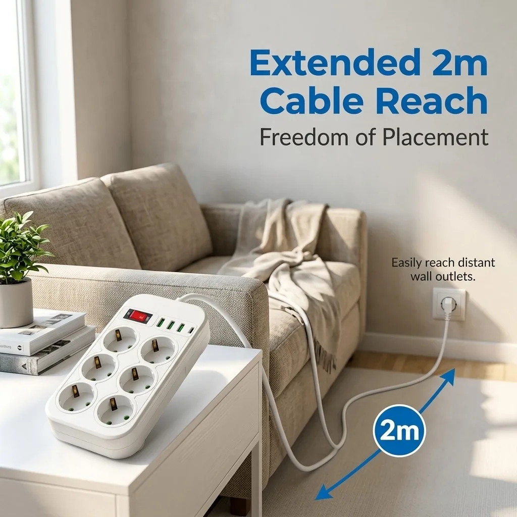 EU Plug Power Strip 10 in 1 Master Switch 6 AC 3 USB 1 Type-C Charging 1500W 2M Extension Cable Socket Outlet for Home Office