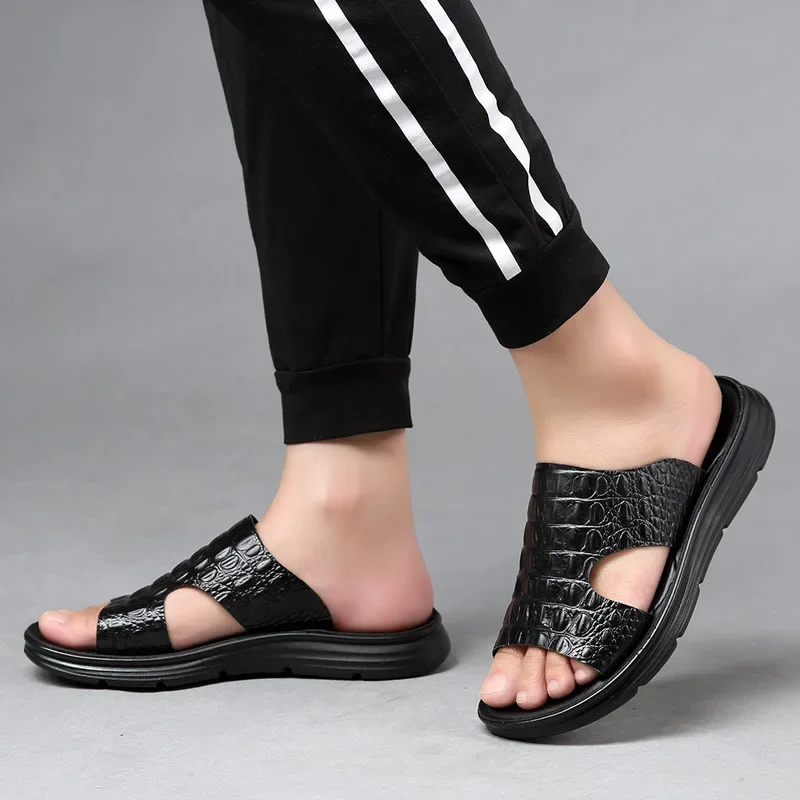 Summer Shoes for Men Genuine Leather Slipper Trend Crocodile Print Sandals Comfortable Flip Flops Cool Beach Shoes