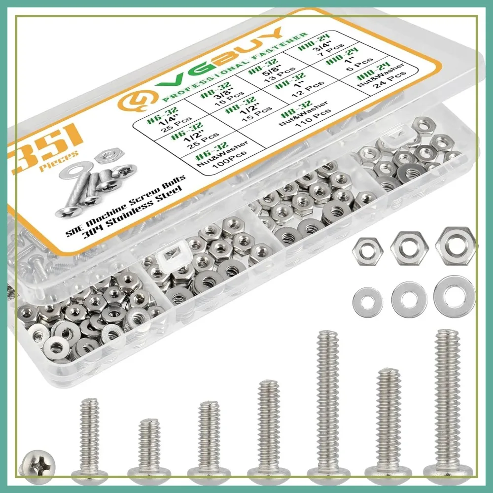 

351Pcs Machine Screws Nuts Bolts Assortment, #6-32 #8-32 #10-24 Phillips Pan Head 304 Stainless Steel with Case