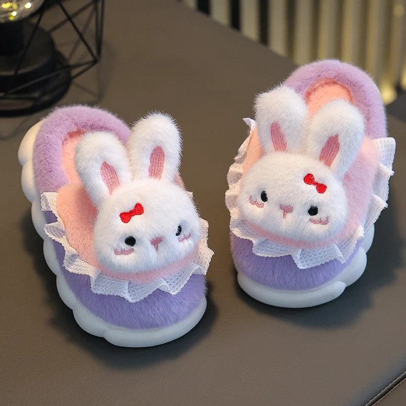 2024 New Winter Warm Cute Cartoon Bow Rabbit Indoor Mule Soft Non-slip Kids Fluffy Slippers For Girls Children Home Cotton Shoes