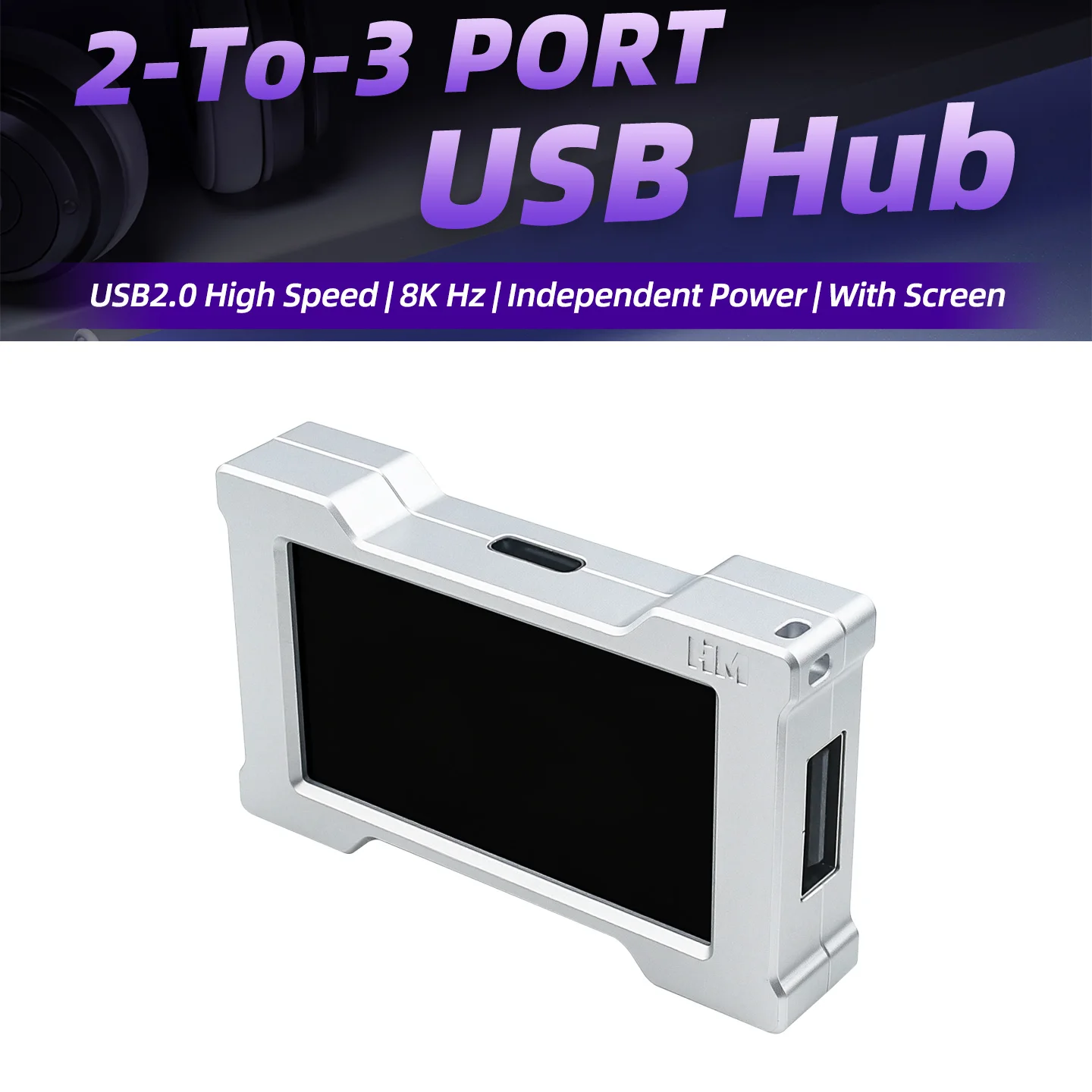HMHUB 2-to-3 Port USB2.0 High Speed 8K Hz USB Hub with Screen Aluminum Alloy Case Independent Power for Game Esports