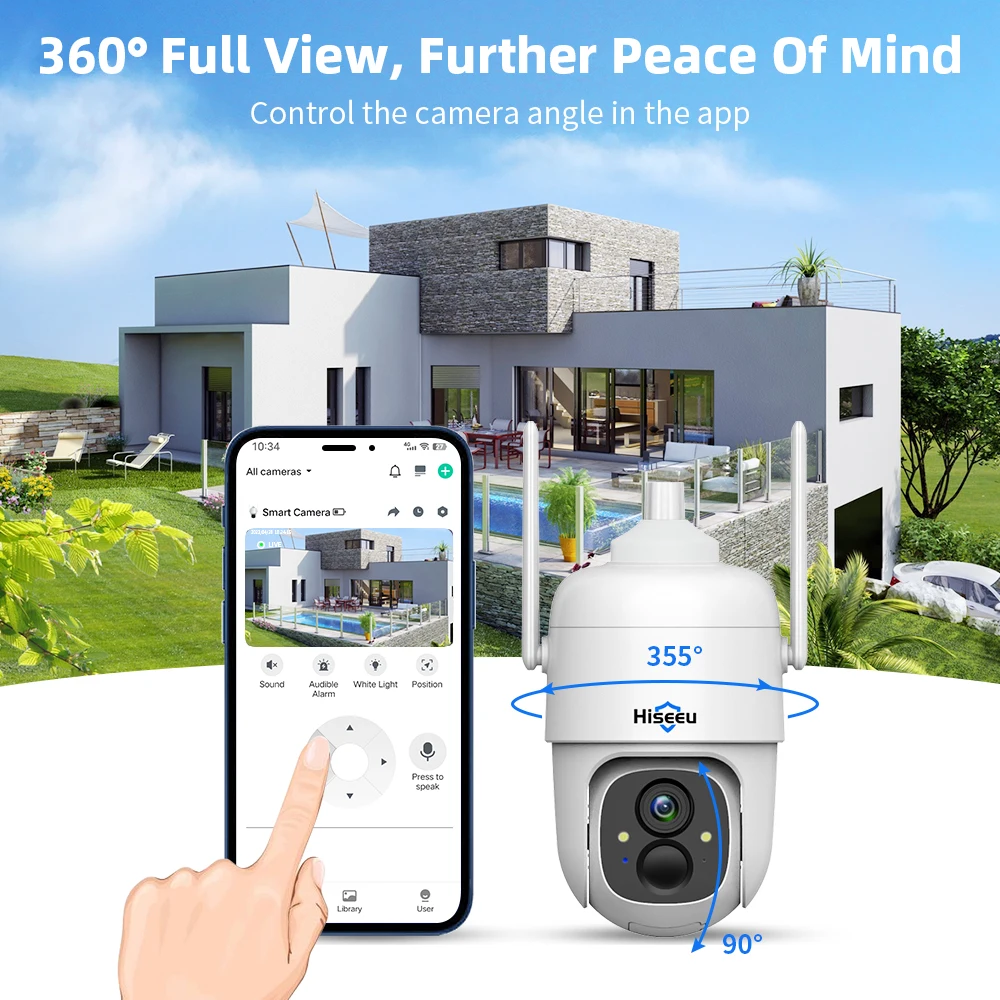 Hiseeu Solar Powered Wifi Security Battery Camera PTZ Wireless Outdoor 1080P With Solar Panel Memory Card H.265 5V DC 7 Meters