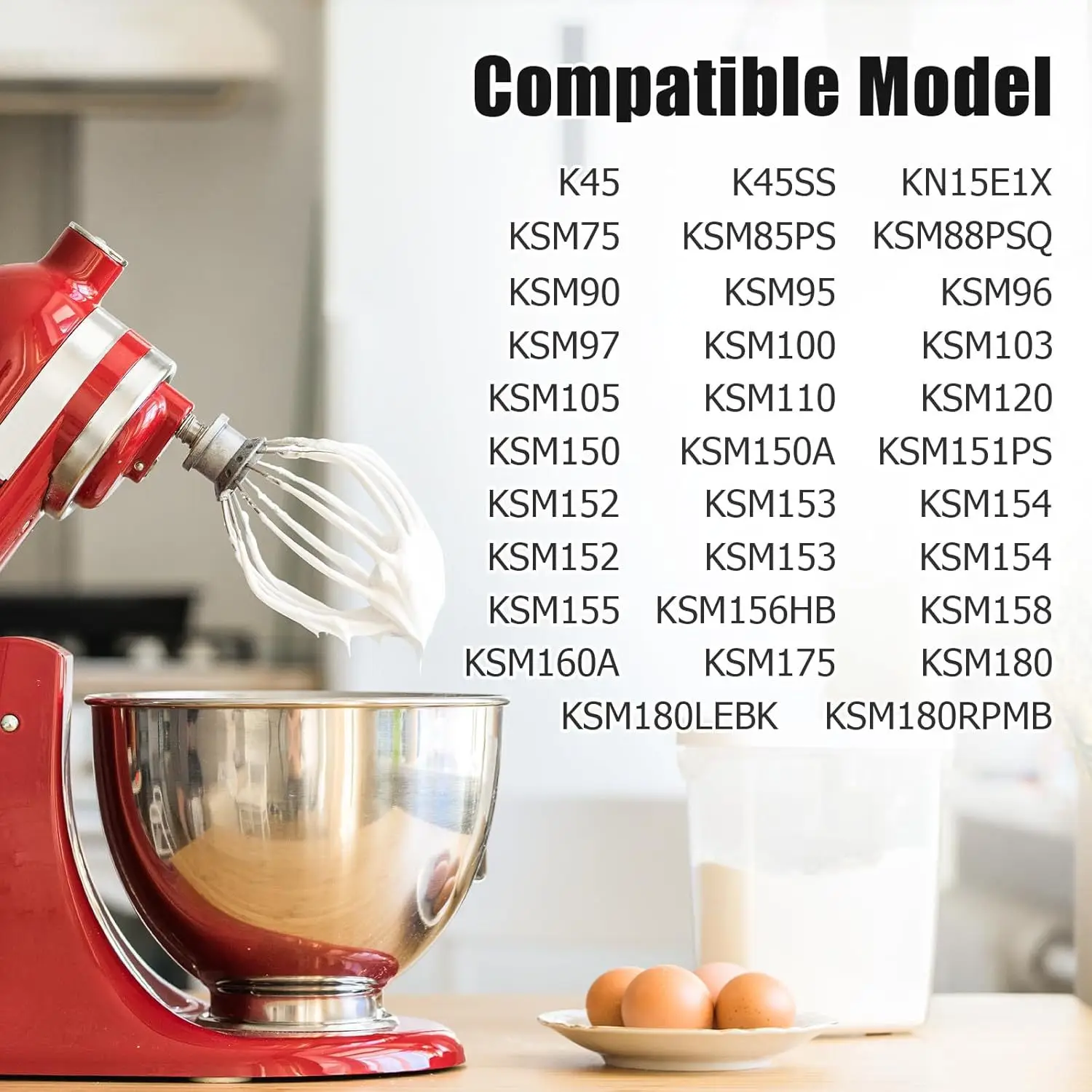 K45WW Dishwasher Safe Whisk For KitchenAid 4.5 Quart and 5 QT Tilt-Head Stand Mixer 6 Wires Whip Egg Heavy Cream Beater