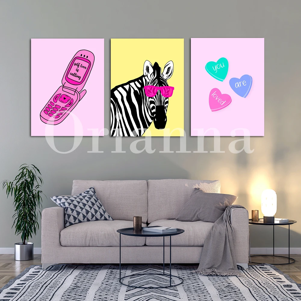 Funny Animal Sloth Zebra Pink Heart Retro Flower Flip Phone Wall Art Print Poster Modern Home Living Room Bedroom Decor Painting