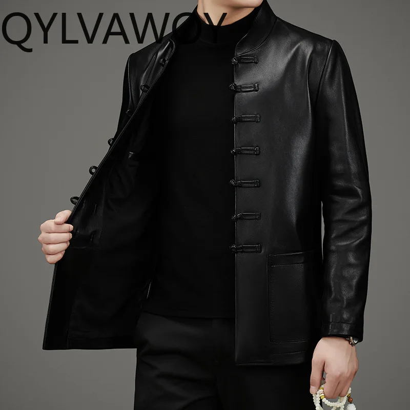 QYLVAWOY 탑 레이어 양피 가죽 자켓 남자 스탠드 칼라 정품 가죽 코트 남성용 가죽 자켓 Tang Suit jaquetas
