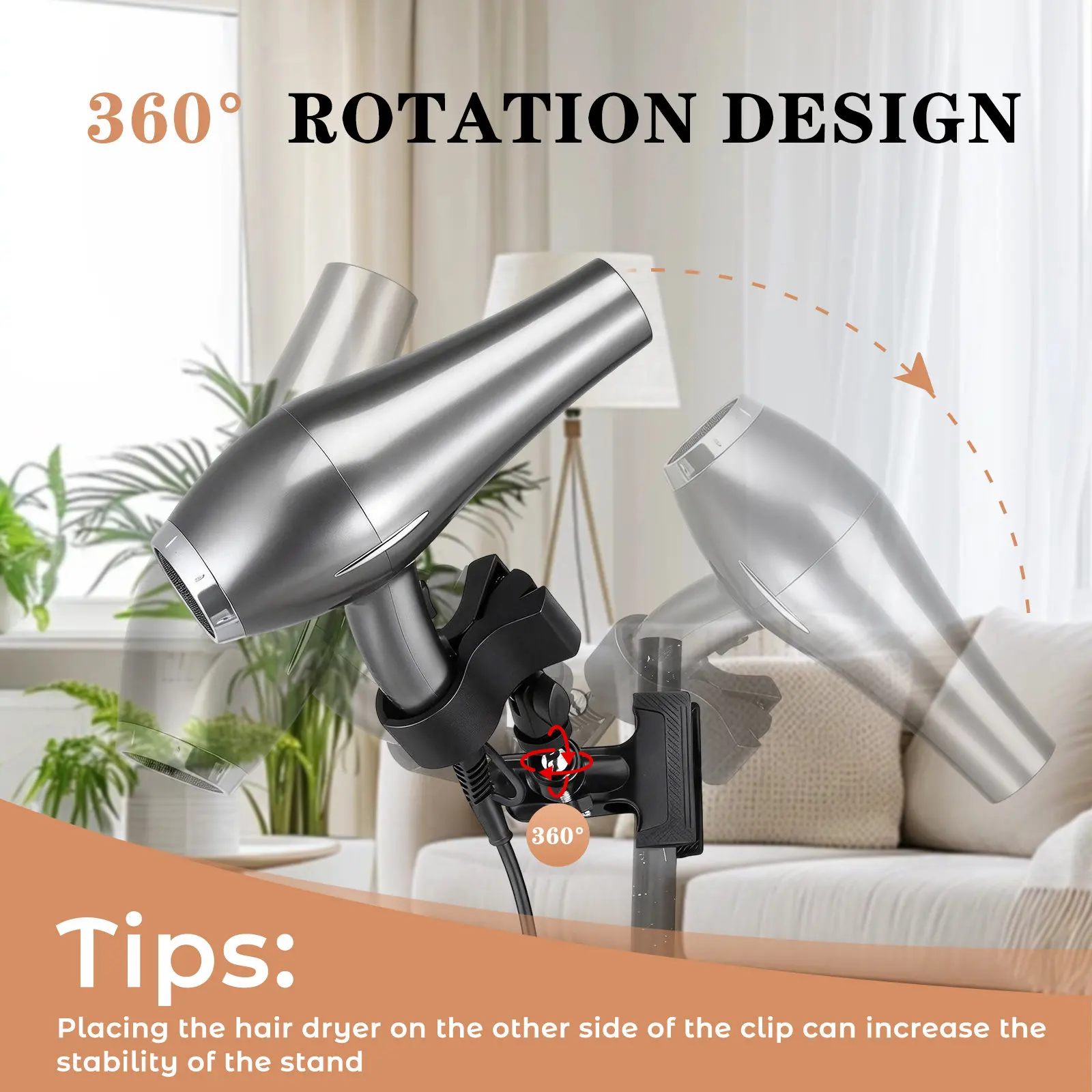 360 Degree Rotating Hair Dryer Holder Styling Equipment Bathroom Blow Stand Blowdryer for Salon with Clip Countertop