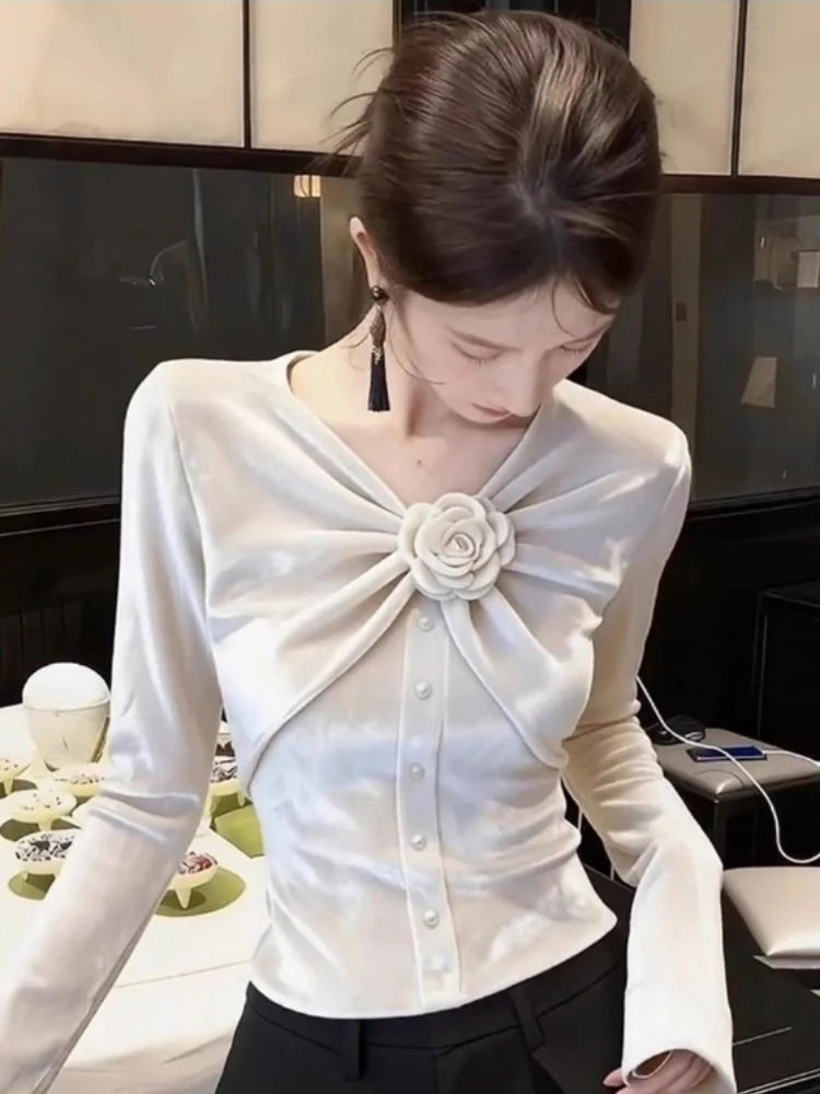 봄 가을 신상 트렌드 3D 플로럴 벨벳 긴팔 슬림핏 셔츠 티셔츠 탑 디자인 블라우스 코르셋 여성 탑