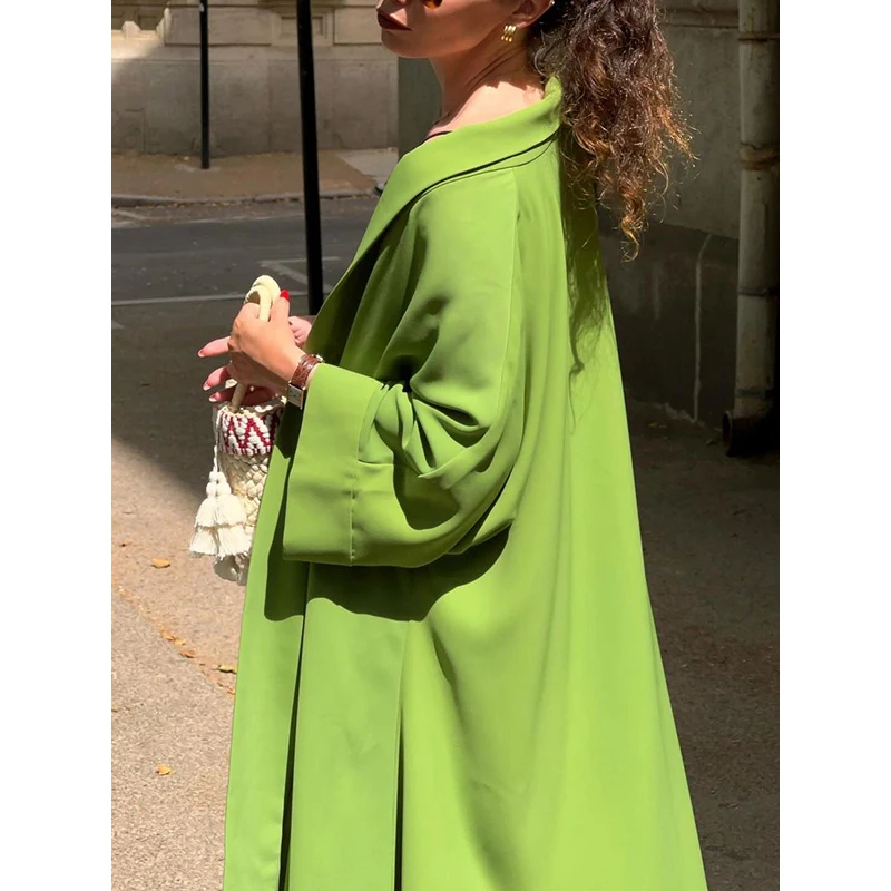 Tinaa Women Green Casual Trench Coats Long Sleeves Loose Split-Joint Collarless Outerwear for Autumn and Winter