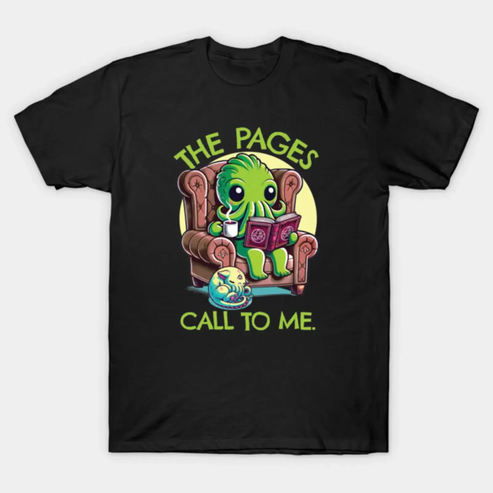 The Pages Call To Me Cute Cthulhu Reading in Cozy Chair with Necronomicon and Sleeping Lovecraftian Companion T Shirt vintage