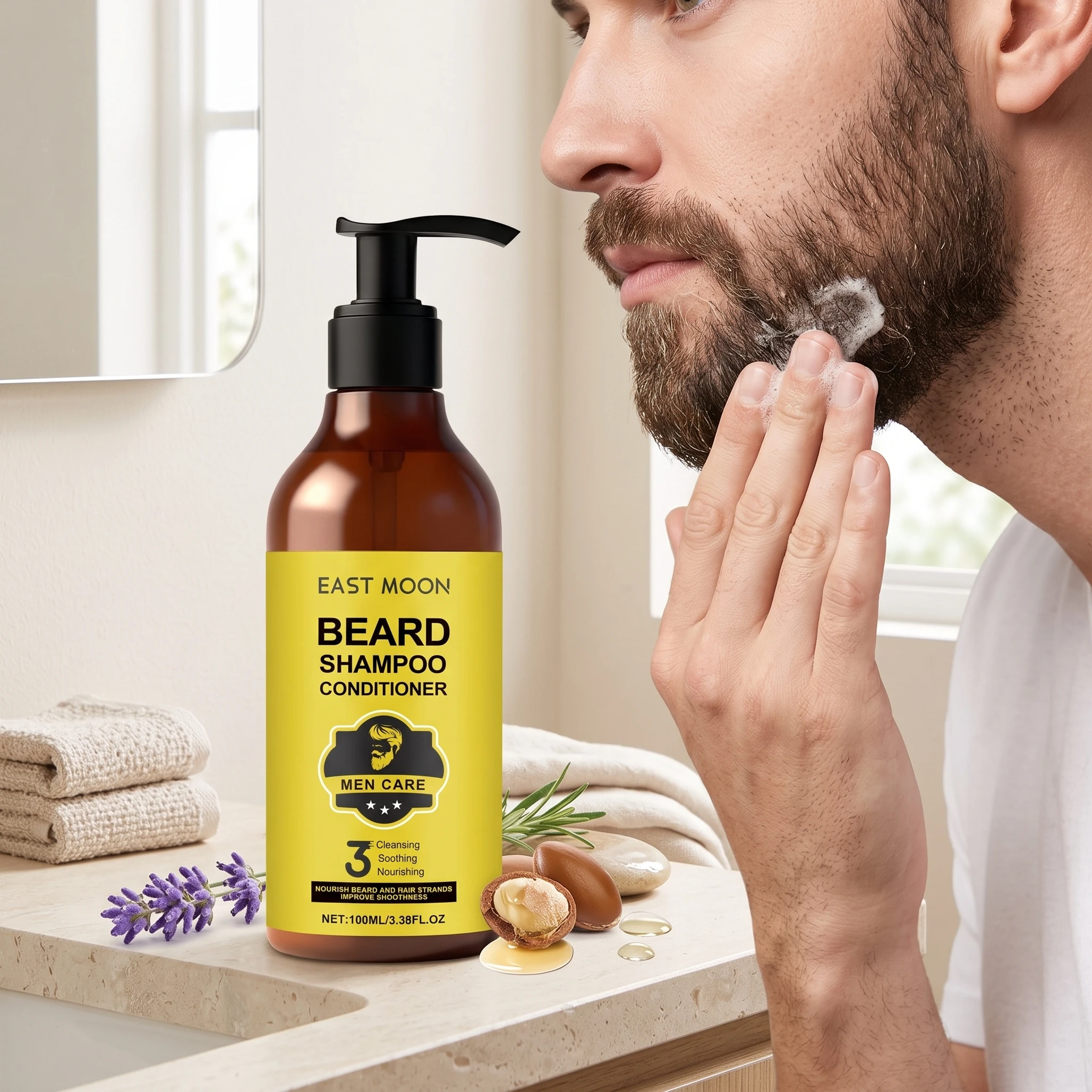 East Moon Men Beard Shampoo Deep Cleaning Moisturizes Soothing Dryness Itchiness Improve Rough Texture Thickens Beard Care Cream