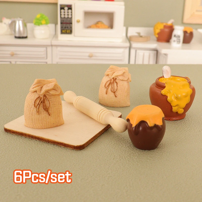 

6Pcs/set 1:12 Dollhouse Miniature Cutting Board Rolling Pin Honey Pot Flour Bag Kitchen Tools Mockup Kitchen Model Decor Toys