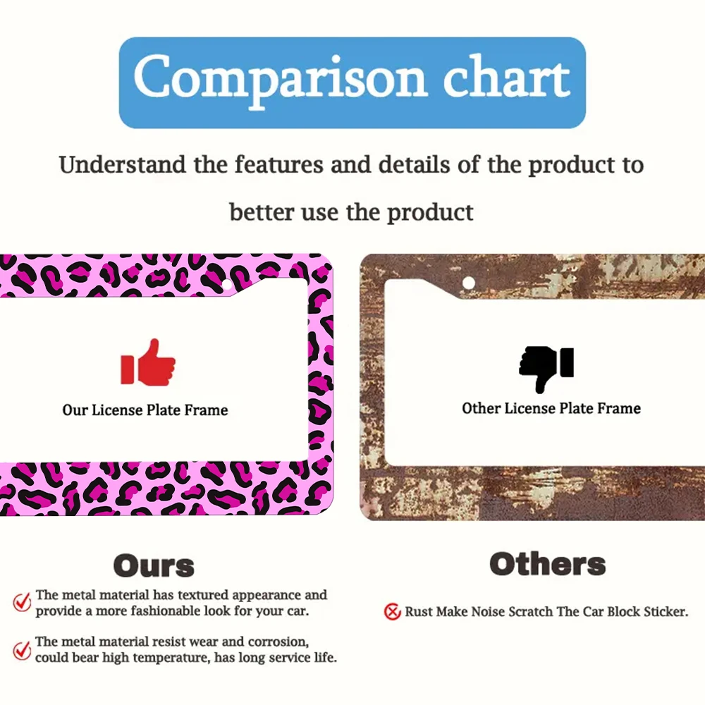 إطار لوحة ترخيص من الألومنيوم بطباعة الفهد الوردي مع مجموعة براغي، هدية تزيين السيارة الجديدة، 6 × 12 بوصة #4