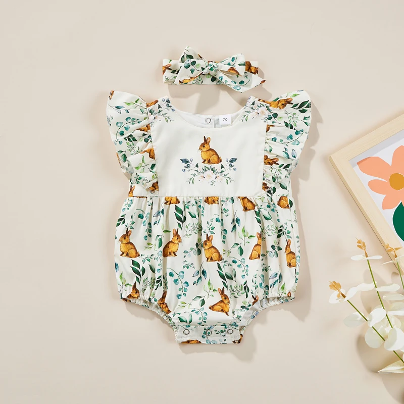 

Tregren 0-18M Infant Baby Girl Summer Romper Ruffle Fly Sleeve Flower Leaf Rabbit Print Bodysuit + Headband Set Easter Outfits