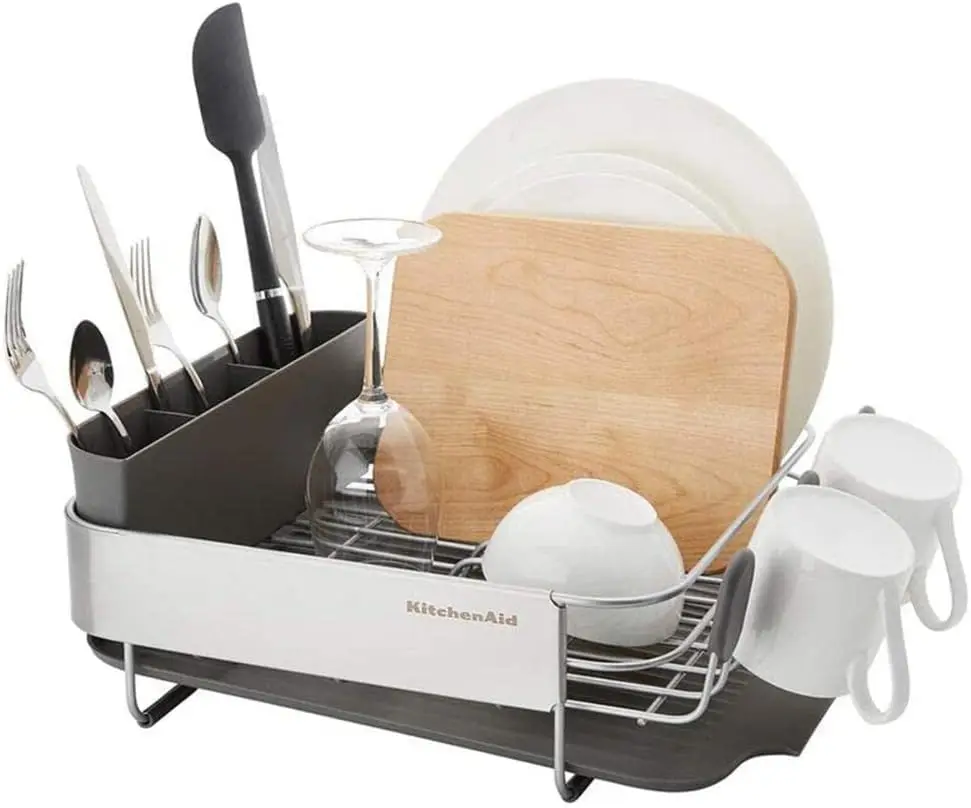 

Compact, Space Saving Rust Resistant Dish Rack, with Angled Self Draining Drain Board and Removable Flatware Caddy, 16.06-Inch,