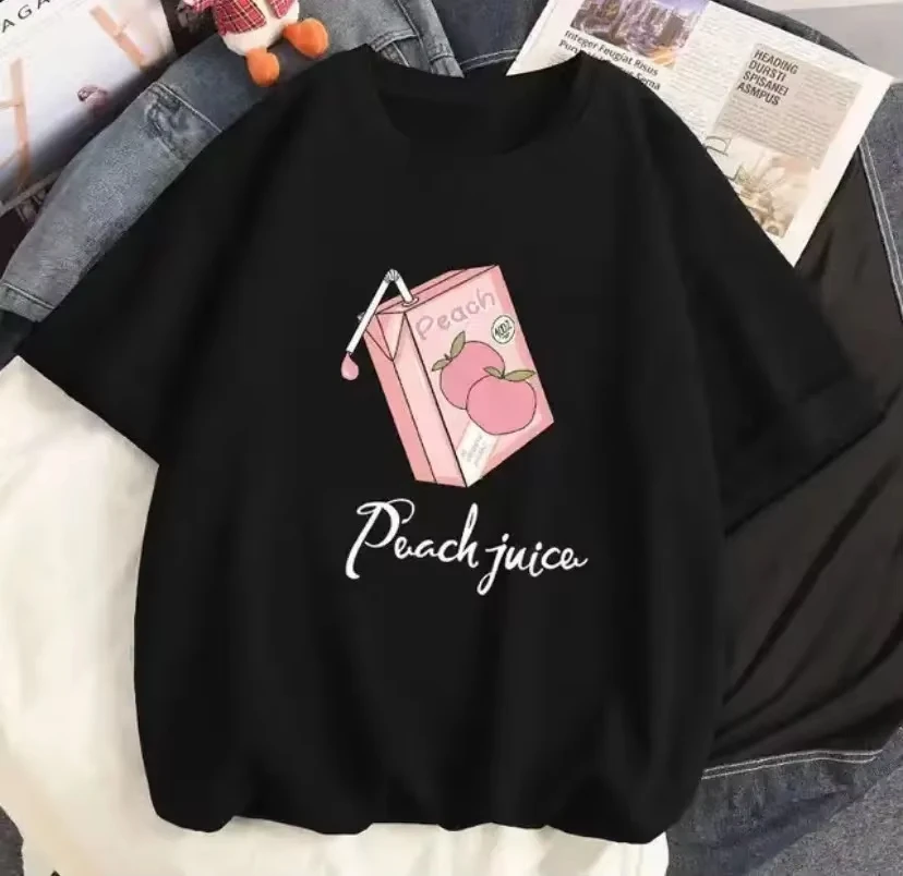 Unisex Cute Peach Juice Box Strawberry Japanese Text Graphic T Shirt Kawaii Fruit Cartoon Print Casual Short Sleeve Summer Tee