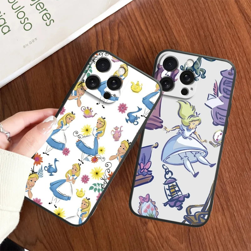 Alice Disney Cartoon Beauty For iPhone 15 14 13 12 11 XS XR X 8 7 SE Pro Max Plus Mini Black Back Phone Case image 3