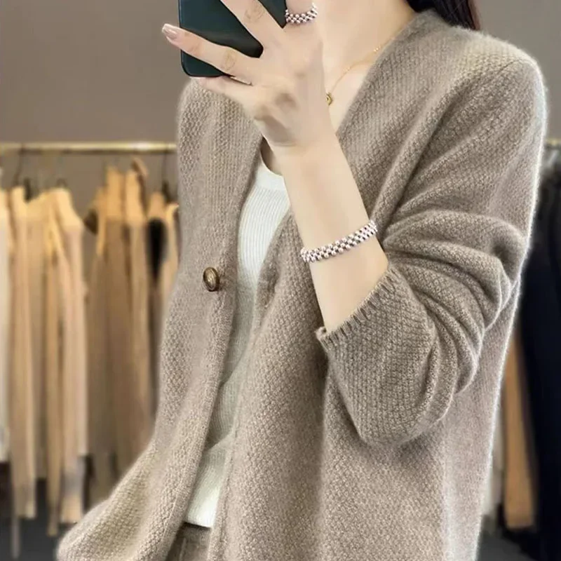 Cashmere Cardigan Sweater for Loose Casual V-Neck Women A Button Autumn Winter New  Solid Color Soft Knitted Woolen Top 2024