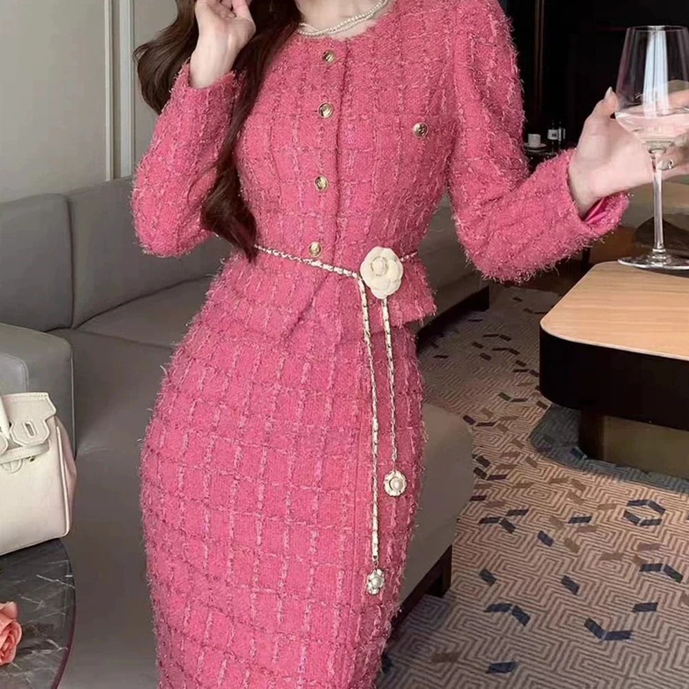 

Rose red suit for women 2025 autumn and winter new tweed jacket and long skirt two-piece suit-GZXX706