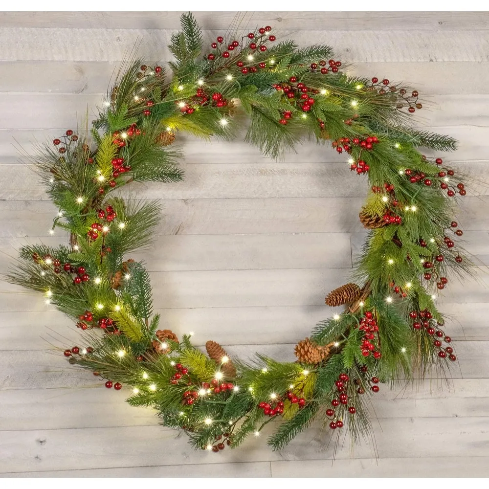 

36” Light-Up Christmas Wreath with Pinecones & Evergreens, Battery-Operated LED Lights with Timer