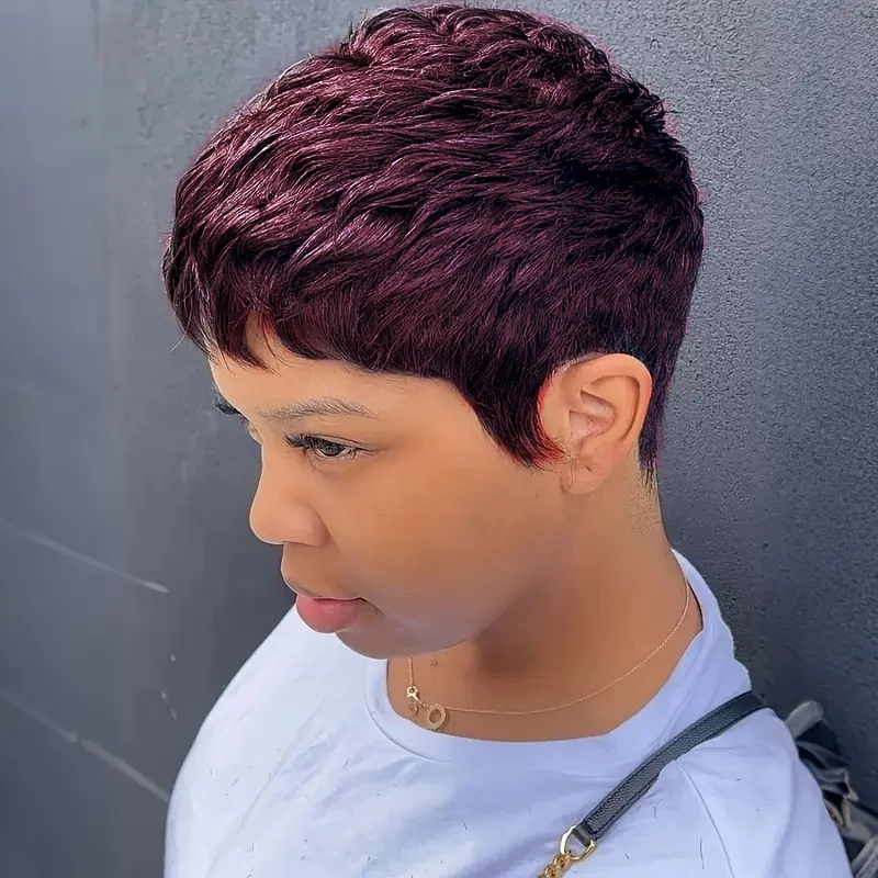 ピクシーカットウィッグ人毛女性のための前髪ブラジルバージンヘアフルマシン