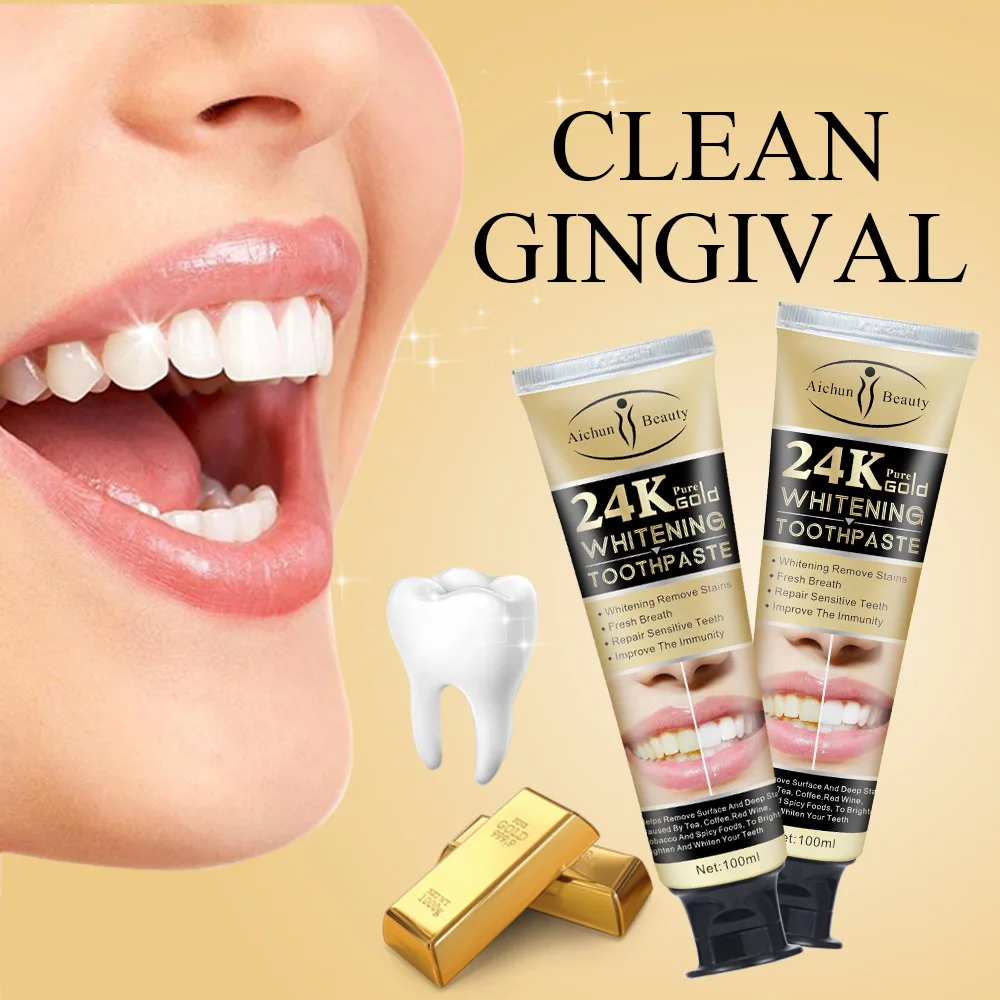 Pasta de dientes blanqueadora de oro de 24k, elimina las manchas dentales, previene las cavidades, placa Gingivitis, aliento fresco, mantiene la salud bucal