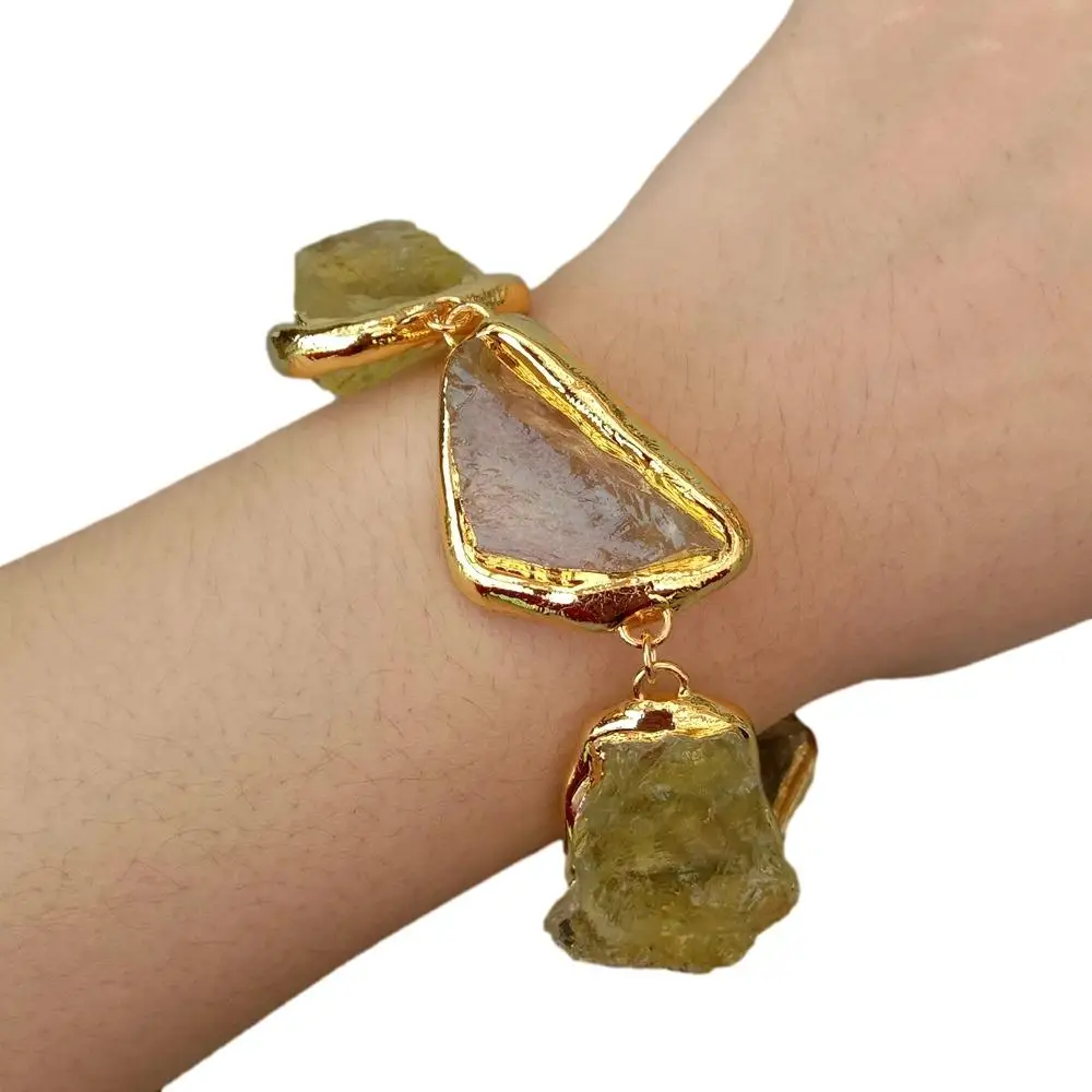 YYGEM Natural 27x33mm Lemon Quartz Rough Raw Bracelet Gold Plated Brushed Bead Semi Precious Women Jewelry
