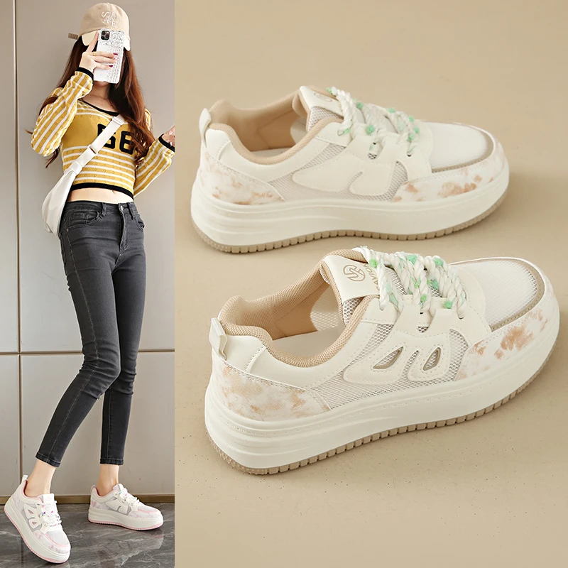 

Women's Round Toe Lace Up Mesh & PU Chunky Platform Sneakers 5CM Heel Wear Resistant Soft Outsole Casual Walking Shoes