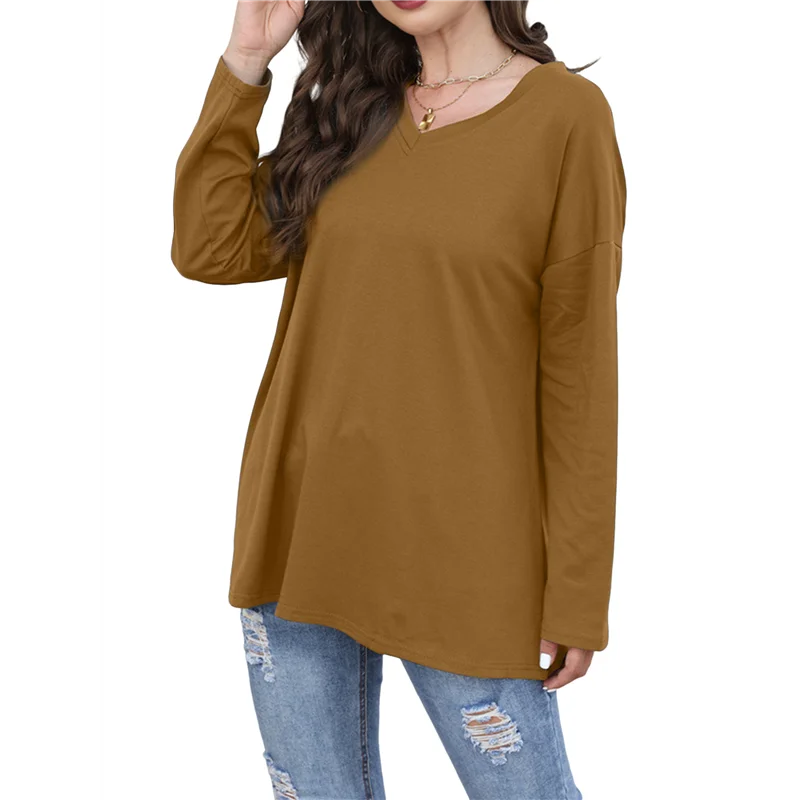 

НОВИНКА-Женские топы с длинным рукавом и V-образным вырезом, повседневные топы-туники, базовые рубашки, блузка свободного покроя