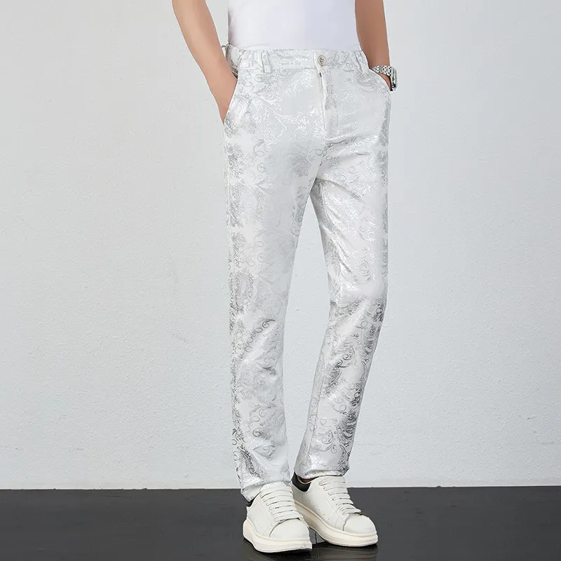 

Briti Sle Gold Emed Casual Pants Thin Formal Spring Autumn Men's Printed Long Trousers Slim Fit Polyester Fiber