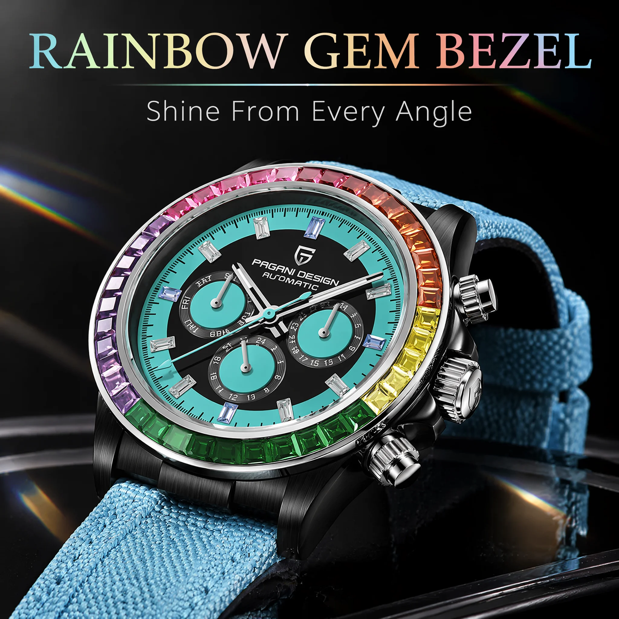 

PAGANI DESIGN Men's Rainbow bezel Chronograph Sapphire Luxury Automatic Mechanical Watch Men's Stainless Steel Waterproof Clock