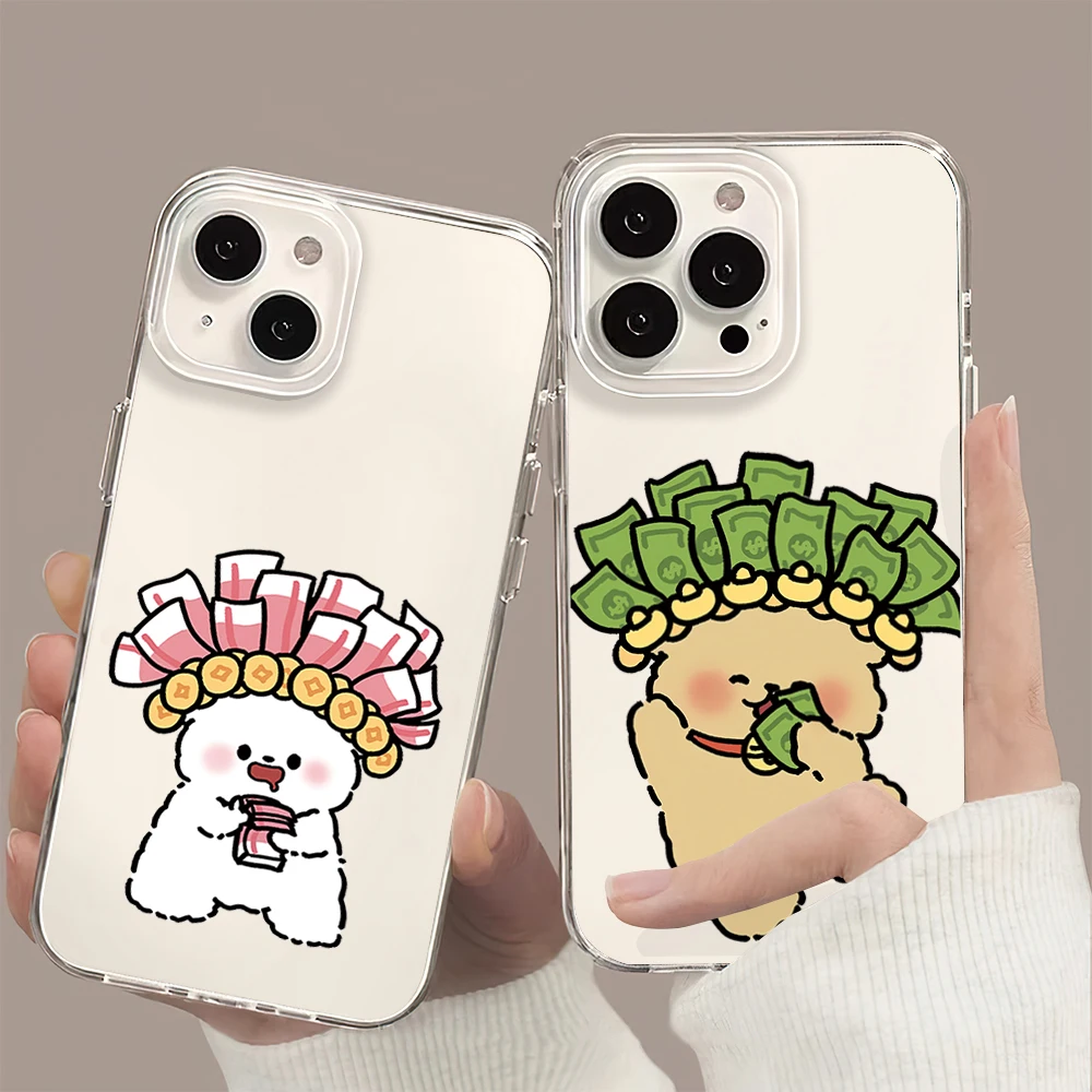 Cartoon Cute Count Money Puppy Couple Phone Case For iPhone 11 13 16 15 14 12 Pro Max Plus Clear Transparent Soft Shell