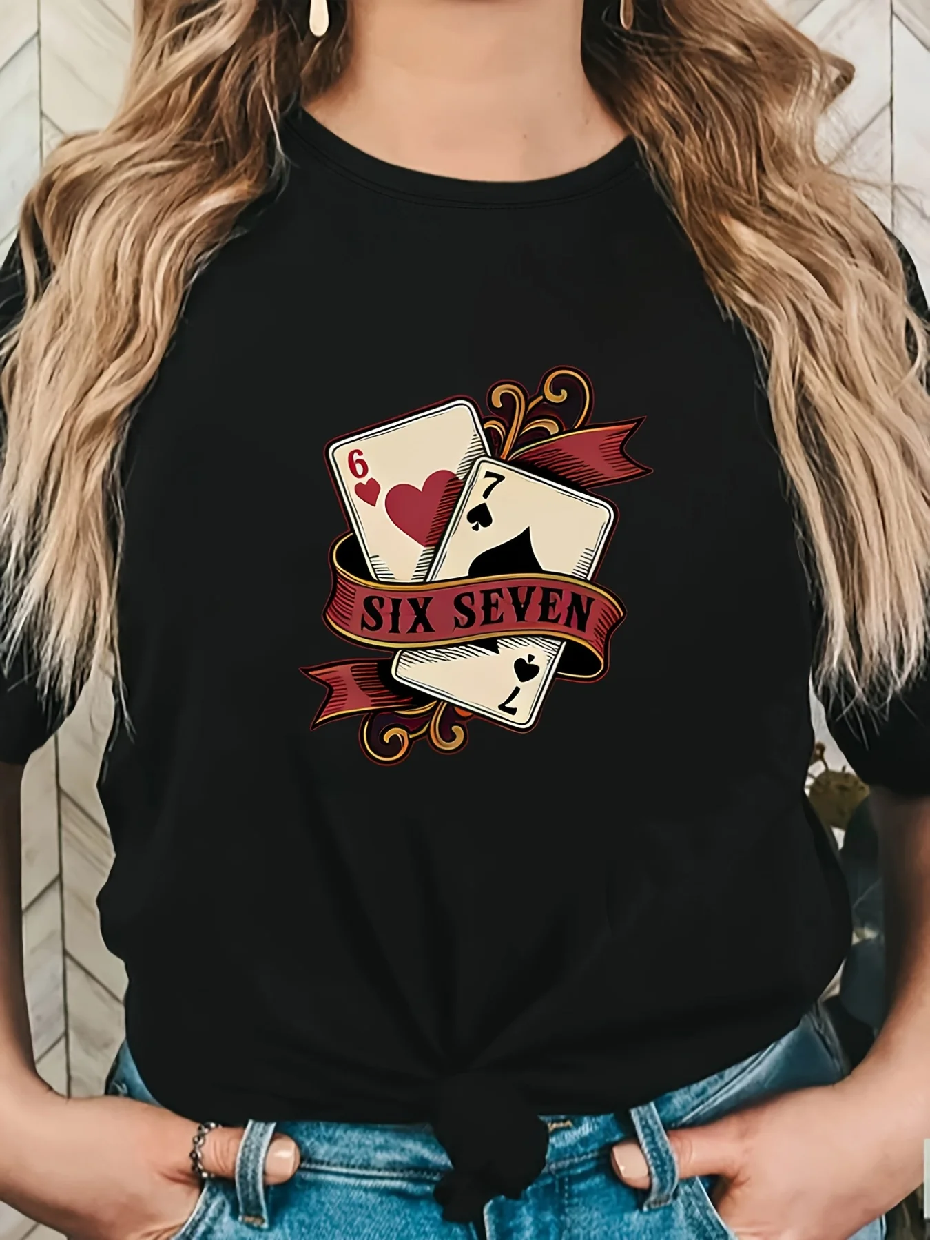 Womens Poker Card Print T Shirt Red Hearts Black Spades Soft Round Neck Short Sleeve Blouse Casual Layering Top