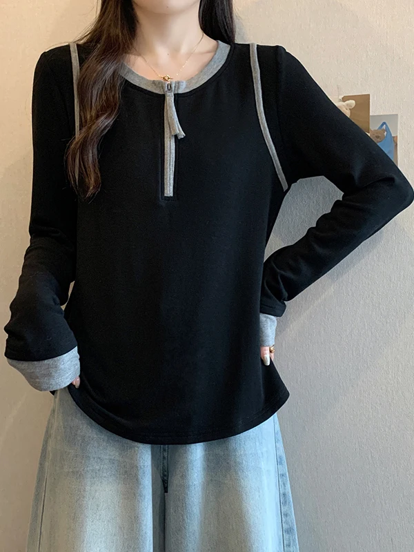 러브 도파인 롱 슬리브 티셔츠 여성용 컬러 블록 베이스 티셔츠 라지 사이즈 여성용 탑 지퍼 라운드 넥 풀오버