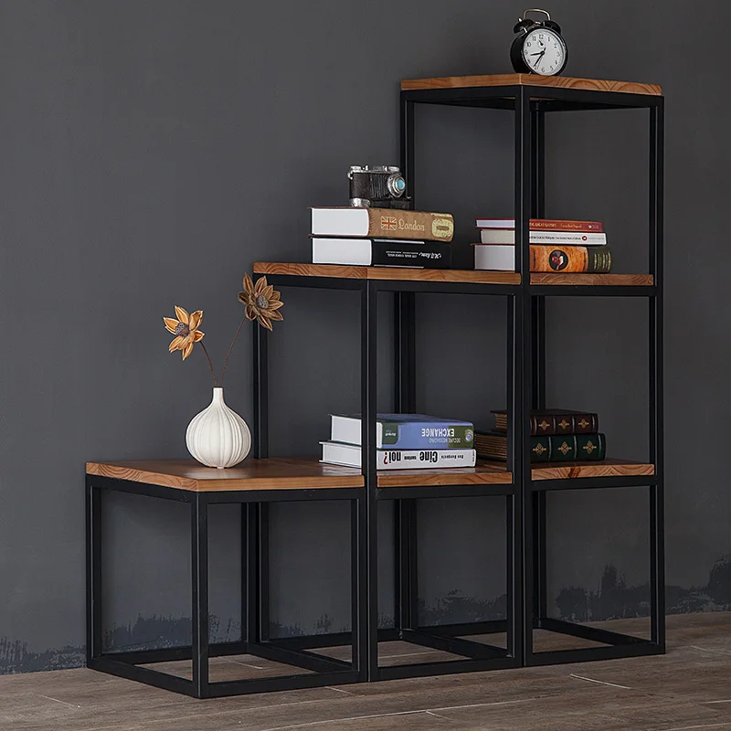 Trapezoidal shelf Solid wood baffle storage display rack Industrial wind storage rack Floor to ceiling decorative iron rack
