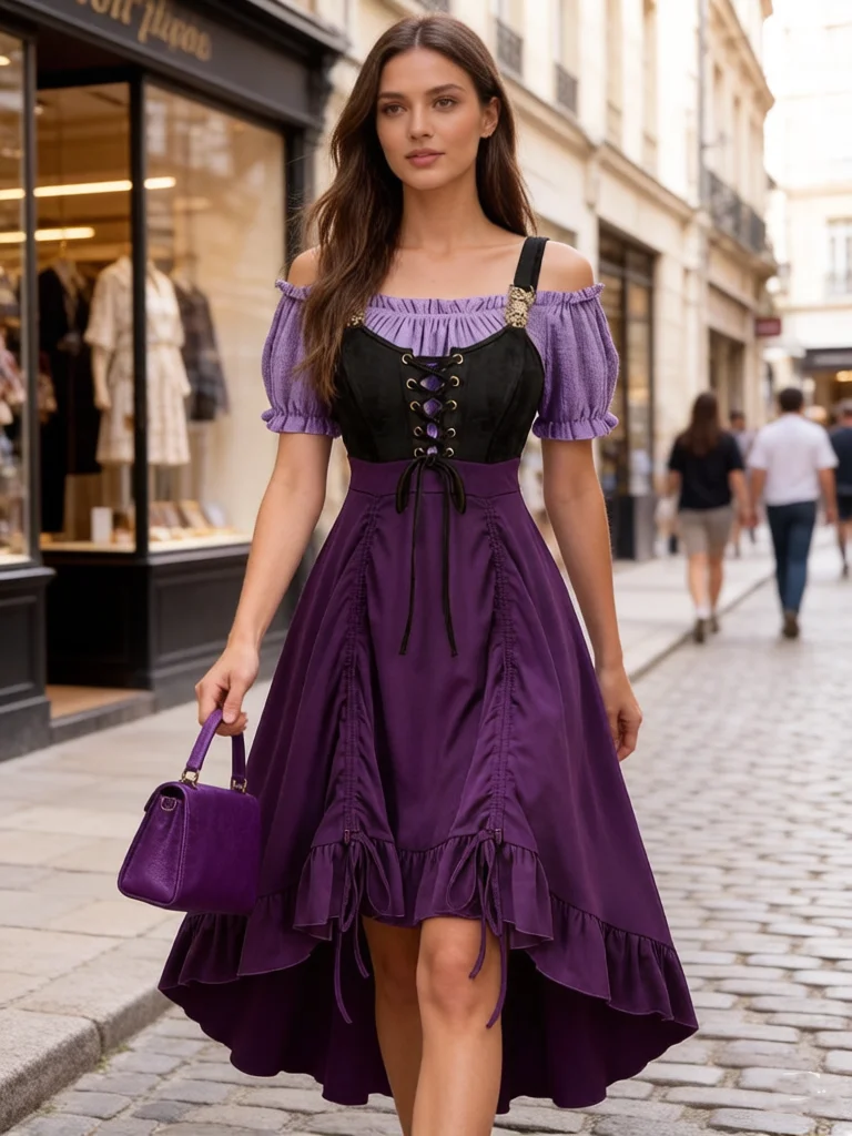 Plus Size Gothic Lace Up Cold Shoulder Dresses Women’s Puff Sleeve Ruffled High Low Hem Vintage Corset Style Evening Party Gown