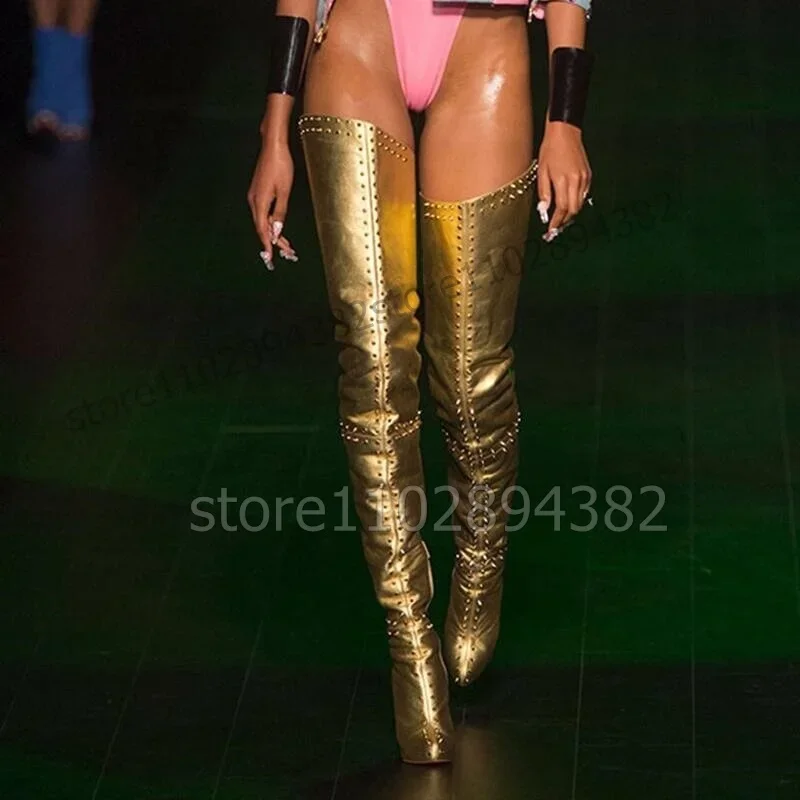 

Gold Rivets Decor Thigh High Pointed Toe Boots Slip On Women Shoes Thin High Heels Fashion Party Runway 2023 Zapatos Para Mujere