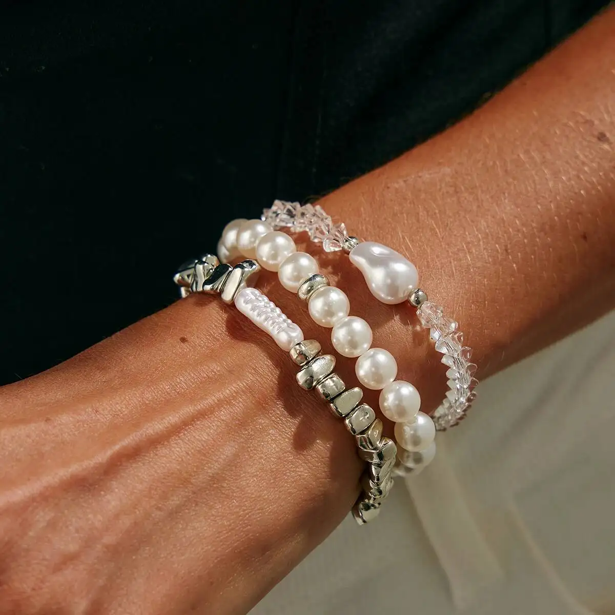 

SHIXIN 3Pcs/Set Elegant Baroque Imitation Pearl Bracelets for Women Luxury Stackable Crystal Bead Chain Bracelet Wedding Jewelry