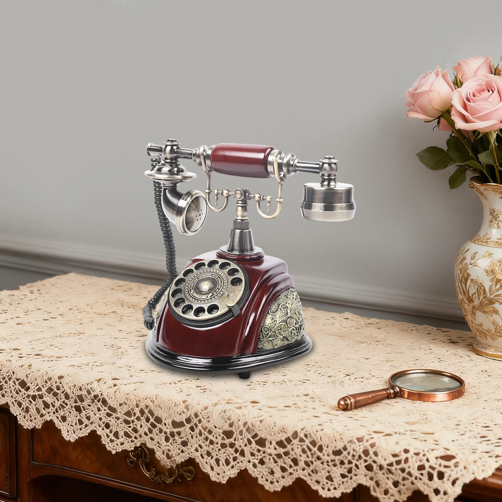 هاتف مكتبي أوروبي عتيق - طلاء مطلي بالكهرباء/الخبز (لامع)، إعادة الاتصال + وظائف بدون استخدام اليدين، حجم صغير (10 × 6.5 × 8.27 بوصة)