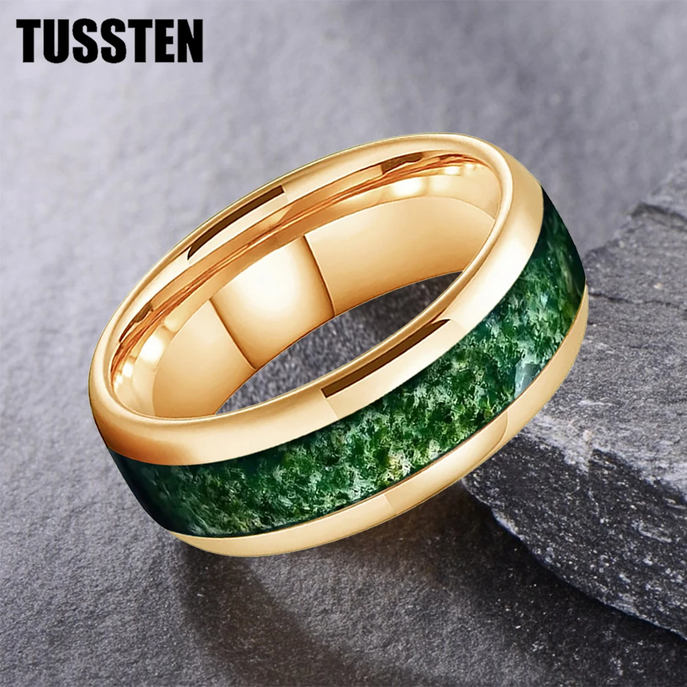TUSSTEN 4/6/8MM Dome Edges Mens Womens Fashion Engagement Wedding Band Green Moss Agate Inlay Tungsten Carbide Rings