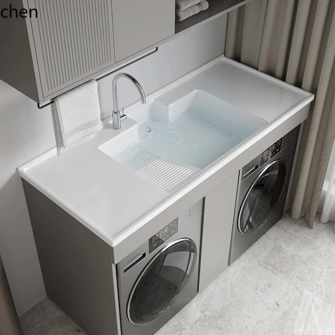 

QZT Stainless Steel Double Washing Machine Balcony Cabinet Wash Basin with Integrated Washboard