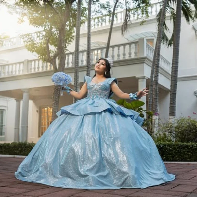 

Light Blue Quinceanera Dresses off-shoulder Glitter Crystal Decal Long tail Bow Layering Vestido 15 Quinceanera Customized