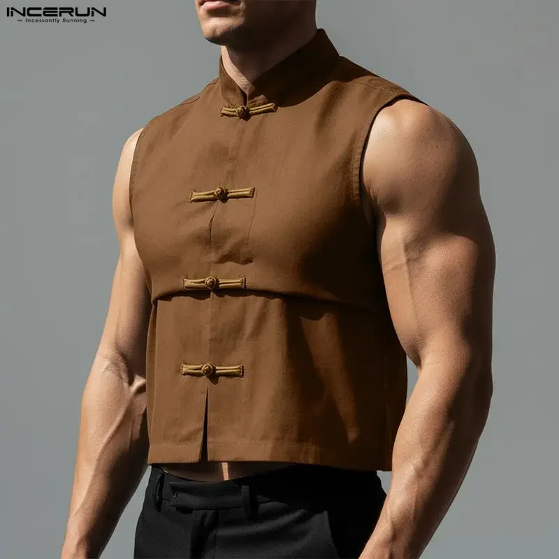 INCERUN Men's Shirt Solid Color Stand Collar Sleeveless Vintage Men Clothes Summer 2026 Chinese Style Casual Crop Tops For Man