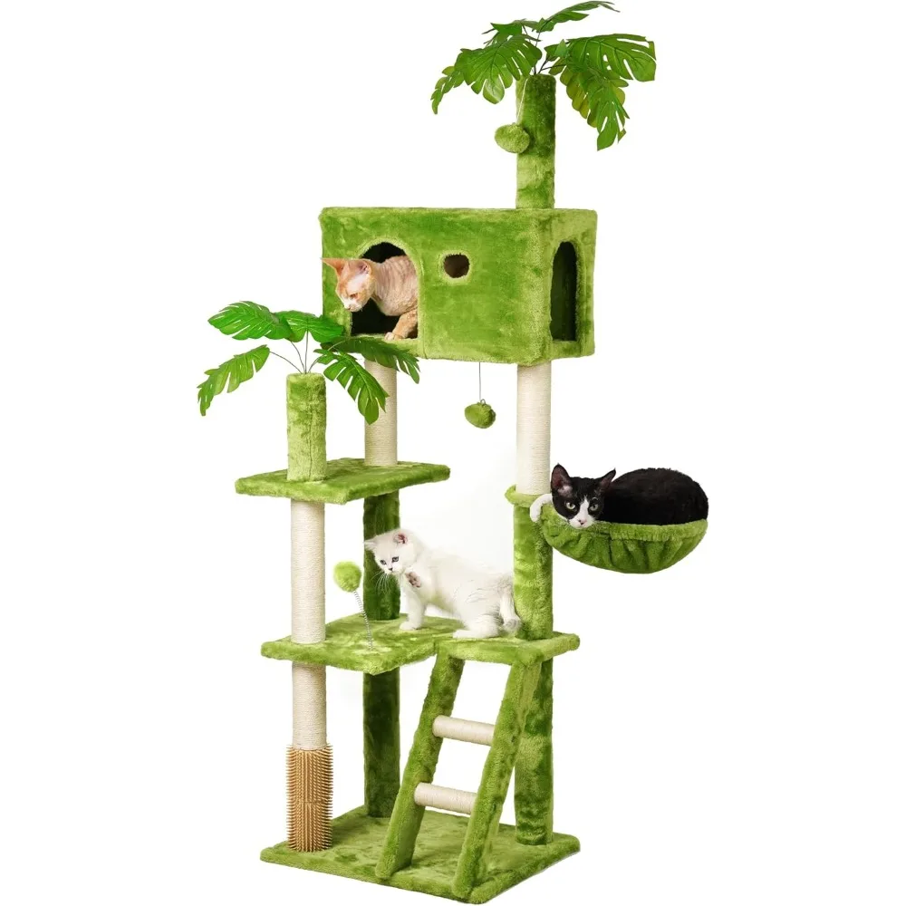 

Cat Tree with Leaves for Indoor Cats Large Adult,65" Green Cat Tower with Scratching Post,Hanging Hammock,Cozy Perch,Swing Ball