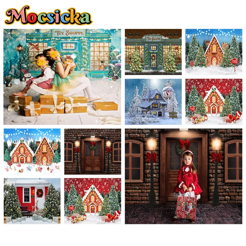 

Mocsicka Winter Christmas Decoration Photography Background Xmas Tree House Toy Store Lamps Snowman Gifts Photo Backdrop Props