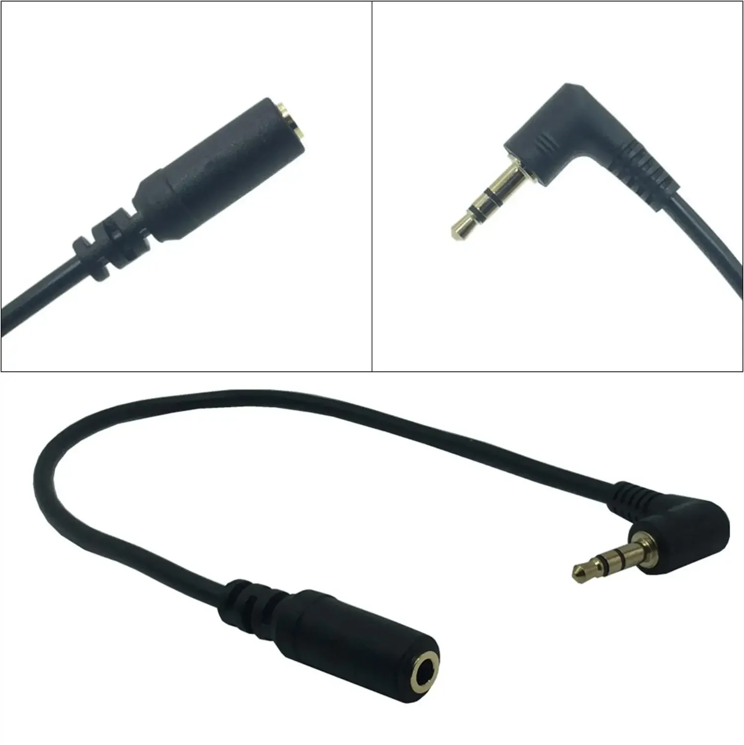 Gold 3.5mm 3 Pole TRS Right Angled Audio Stereo Male To Female Extension Black Cable 25cm