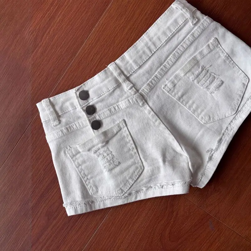Spice Girl White Button Denim Shorts Women's Summer Low Waist Skinny Hot Pants Ripped Sexy Y2k Shorts