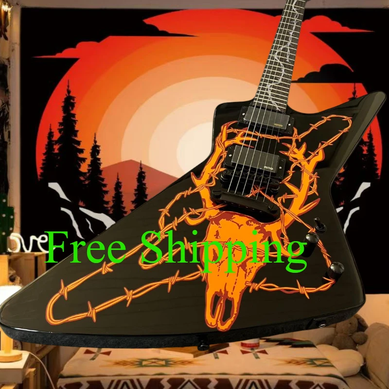 Black 6 String V Shape E Electric Guitar Solid Body Elk Skull Barbed Wire Graphic HH Pickups Metal Rock for Stage Performance